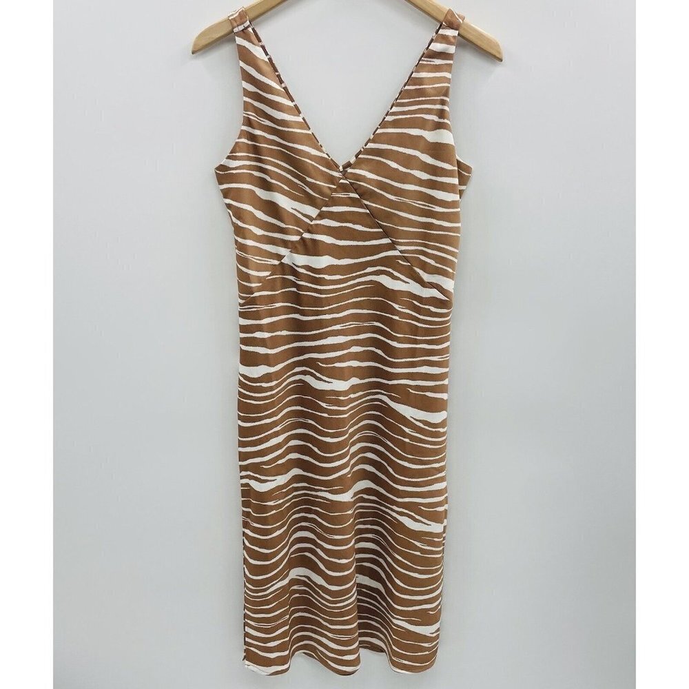 A New Day Womens Size Small Satin Brown/White Zebra Print Stripe Slip Midi Dress
